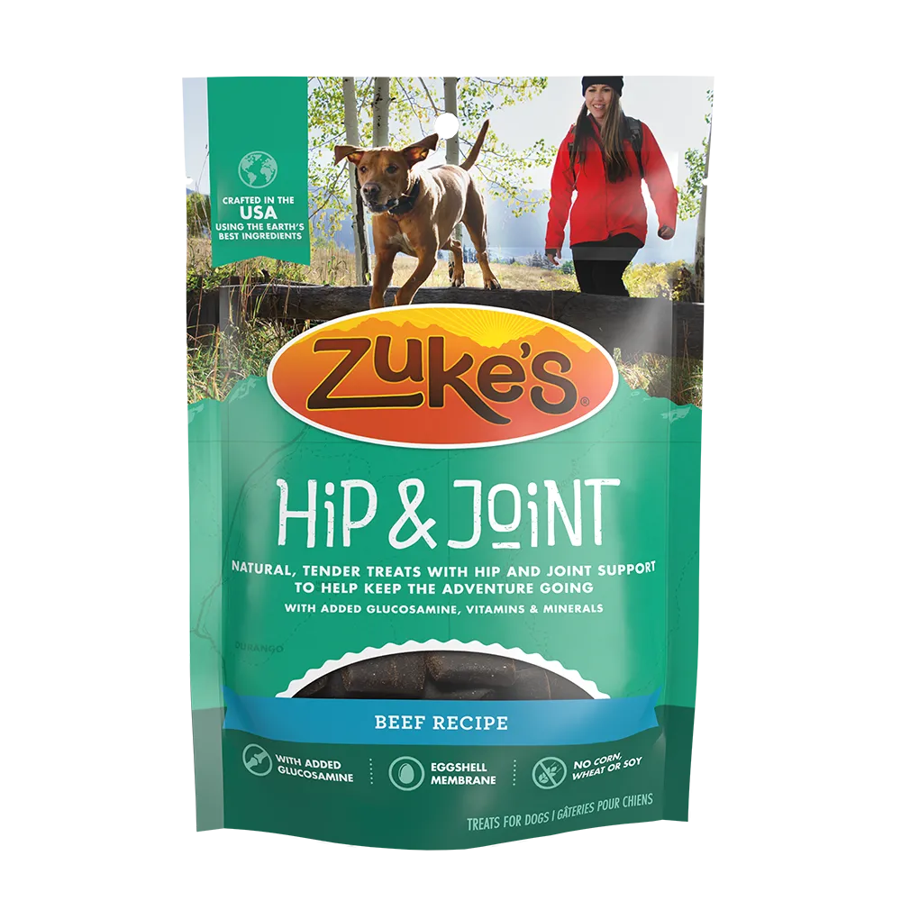 Front of a package of Zukes Hip and Joint natural dog treats, beef recipe