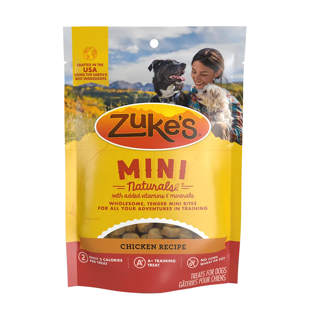 Front of a package of Zukes Mini Naturals dog training treats, chicken recipe