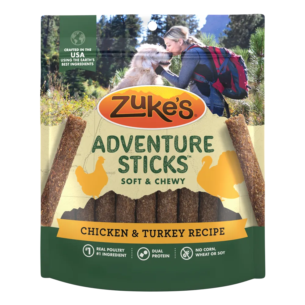 The front of one 6 ounce package of Zukes Adventure Sticks Chicken and Turkey dog treats