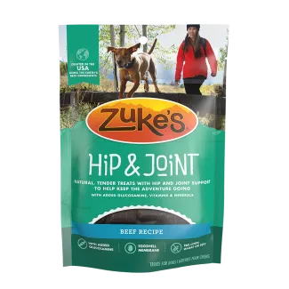 Front of a package of Zukes Hip and Joint natural dog treats, beef recipe