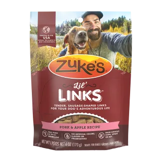 Front of a 6 ounce package of Zukes Lil Links dog treats, pork and apple recipe