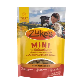 Front of a package of Zukes Mini Naturals dog training treats, chicken recipe