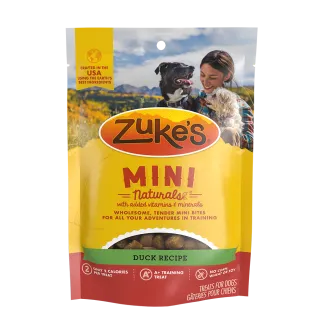 Front of a package of Zukes Mini Naturals dog training treats, duck recipe