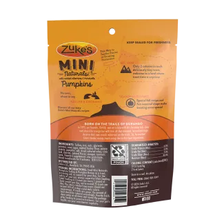 Back of a package of Zukes Mini Naturals pumpkin shaped dog treats, turkey and pumpkin recipe