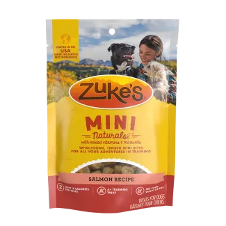 Front of a package of Zukes Mini Naturals dog training treats, salmon recipe
