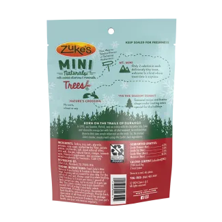 Back of a package of Zukes Mini Naturals tree shaped dog training treats, turkey and cranberry recipe