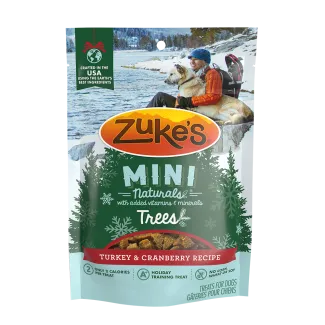 Front of a package of Zukes Mini Naturals tree shaped dog training treats, turkey and cranberry recipe