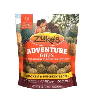 Zukes Adventure Bites Chicken and Pumpkin Dog Treats front of pack