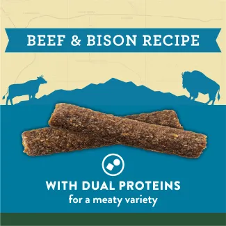 Zukes Beef and Bison Adventure Sticks provide meaty variety for your dog with high quality dual proteins
