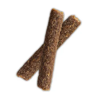 Two beef and bison flavor Zukes Adventure Sticks. Tender, meaty stick shaped dog treats made with natural ingredients