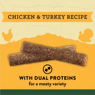 Zukes Chicken and Turkey Adventure Sticks provide meaty variety for your dog with high quality dual proteins