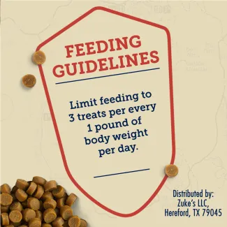 Zukes Mini Naturals feeding guidelines, limit feeding to 3 treats per every 1 pound of body weight per day.