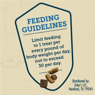 Zukes Trail Mix feeding guidelines, limit feeding to 1 treat per pound of body weight per day, not to exceed 30 per day.