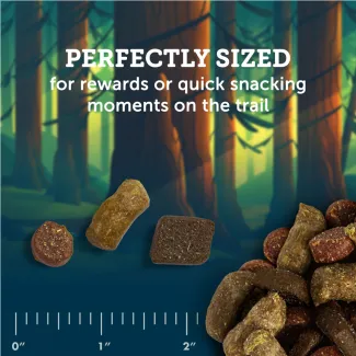 Zukes Trail Mix treats in 3 shapes shown with a ruler, perfectly sized for rewards or snacking on the trail.