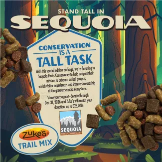 Zukes Trail Mix supports Sequoia Parks Conservancy. Donate by Dec. 31, 2026 and Zukes matches up to 25,000 dollars.